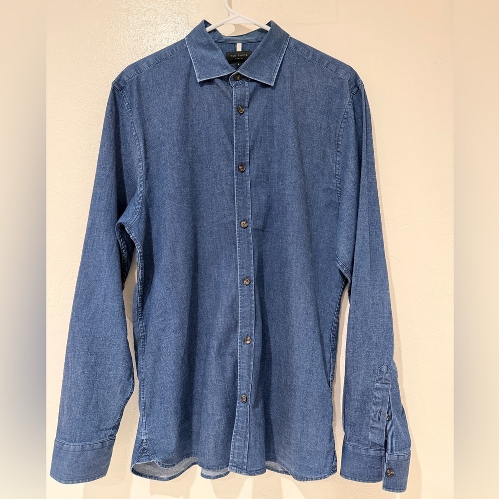 Ted Baker Blue Denim Button-Up Long Sleeve Cotton Slim Fit Shirt size 4